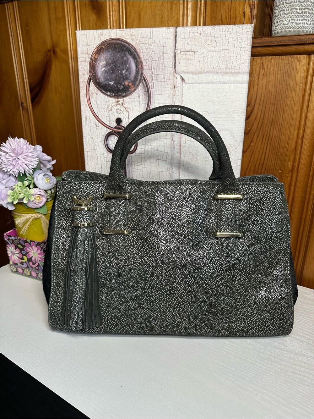Ivanka Trump Metallic Gray Textured Tote with Tassel - Picture 10 of 16